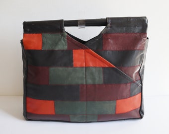 70s Vtg Patchwork Leather Bag/Shopper // Top Handle Bag In Fall Colors With Black Wood Handle