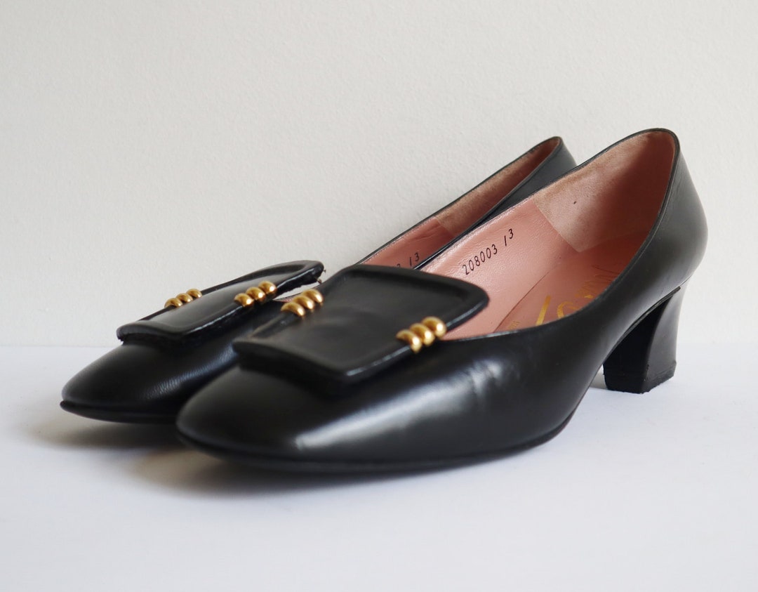 60s Miss Bally Vtg. Leather Pumps With Golden Inserts // Size - Etsy