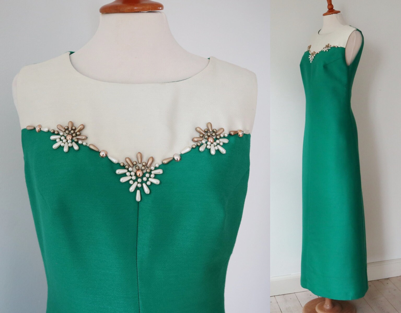 Green/Ivory 60s Vintage Maxi Dress // Golden/Ivory Flower | Etsy