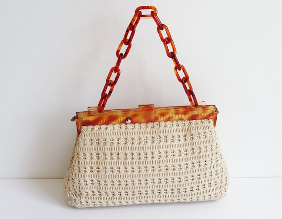 Stunning Ivory 60s Knotted Bag With Cognac Brown … - image 4