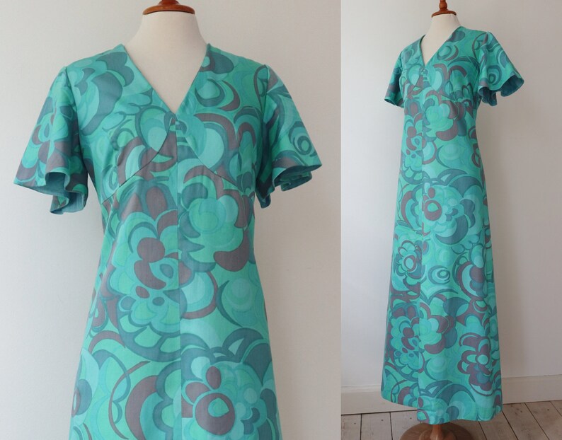 Green 70s Maxi Dress Blue Pink Abstract Pattern Cotton Size M