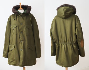 Green Mens 70s Hooded Cotton Vintage Parka Coat With Teddy Bear Lining // Hood With Faux Fur // Mr. // Size L // Unisex