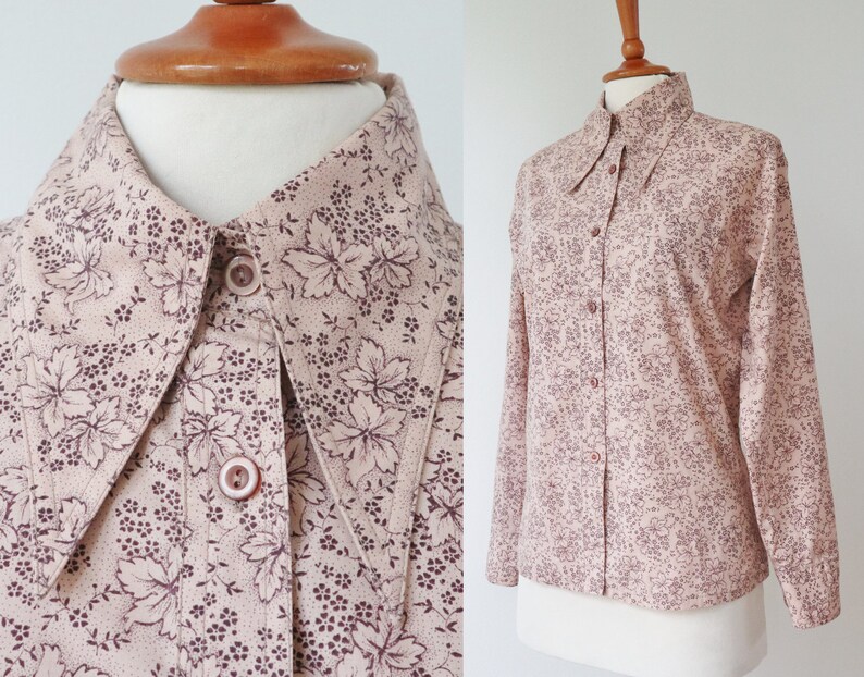 Pale PinkBrown 70s Vintage Lady Shirt With Leaves Big Collar Made In Denmark