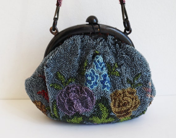 Blue 20s Beaded Vintage Purse With Lovely Flower … - image 6