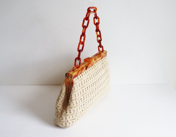 Stunning Ivory 60s Knotted Bag With Cognac Brown … - image 8