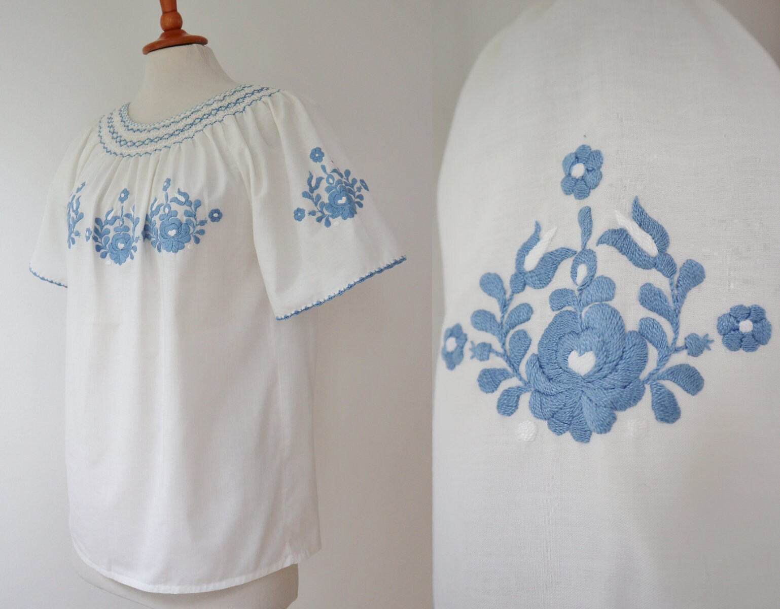 トップス used euro embroidery blouse White Vtg. Blouse With Light Blue Embroidery // Size M/L - Etsy