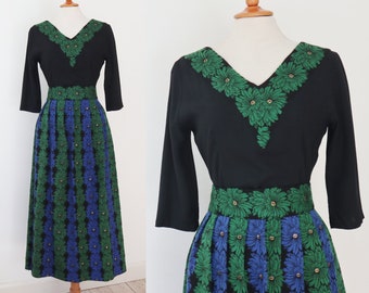 Beautiful Black 60s 2 Piece Suit // Top & Maxi Skirt With Floral Print In Blue Green Gold // Hand Made One O A Kind // Size S/M