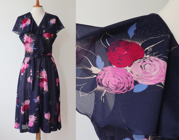 Blue 80s Vtg.  Dress With Red Floral Print // Blo… - image 2