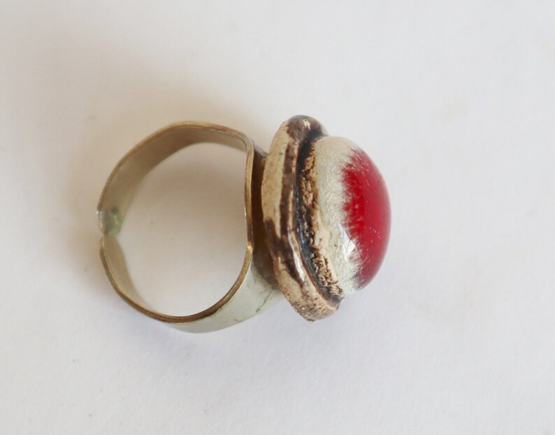 Raw 70s Pewter Vintage Ring With RedWhite Stone Adjustable Fits All