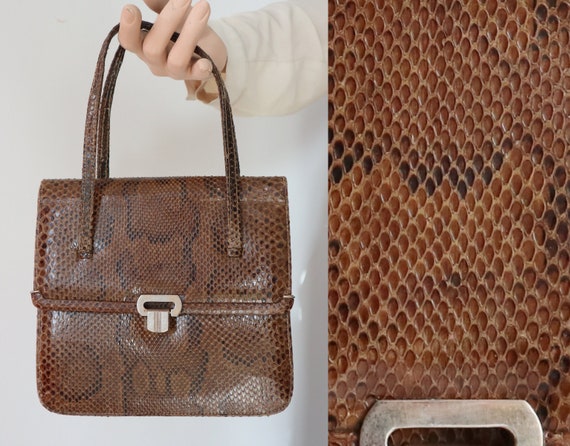 Brown 60s Leather/Reptile Top Handle Bag // Snake… - image 1
