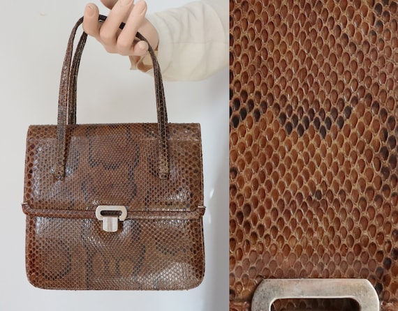 Brown 60s Leather/Reptile Top Handle Bag // Snake