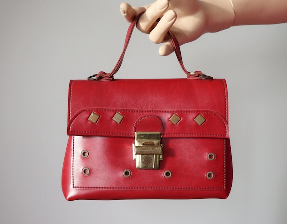 Cute Red 60s Vintage Vegan Top Handle Bag With Gol