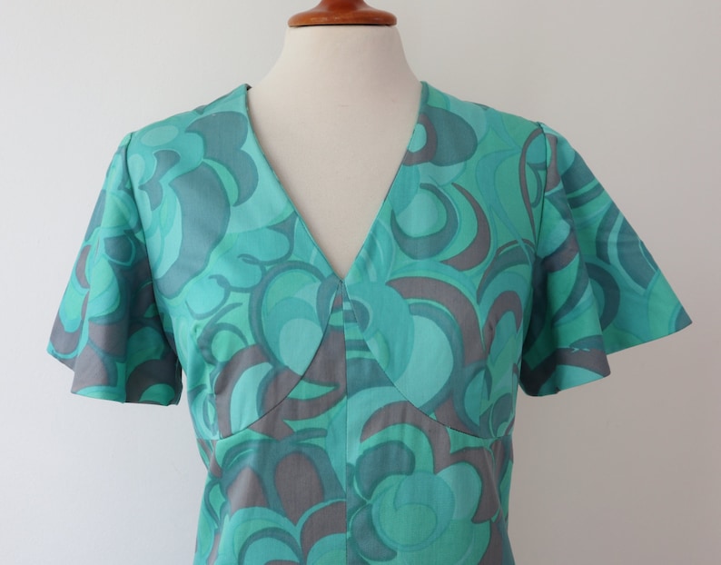 Green 70s Maxi Dress Blue Pink Abstract Pattern Cotton Size M