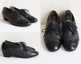 Black 50s60s Leather Lace Up Shoes // Fasan Shoes // Size 38