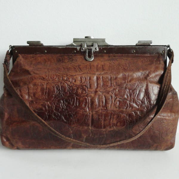 Antique Brown Tooled Edwardian Vintage Leather Handbag // Silver Closure