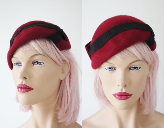 Red 40s Felt Hat With Bow & Black Waved Ribbon //… - image 3