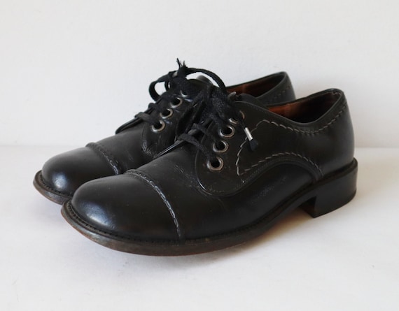 Black 70s Vintage Lace Up Leather Shoes With Stitc