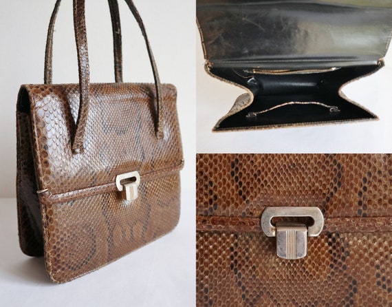 Brown 60s Leather/Reptile Top Handle Bag // Snake… - image 4