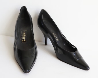 Black 60s Patent Leather Pointed Shoes // Lombardi // Side Cut Outs // Size EU 38/39 // Made In Italy