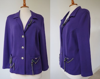 Purple GEIGER Tyrol Cardigan/Jacket With Gray Green Wool Insert // Beautiful Buttons // Size M/L // Made In Austria