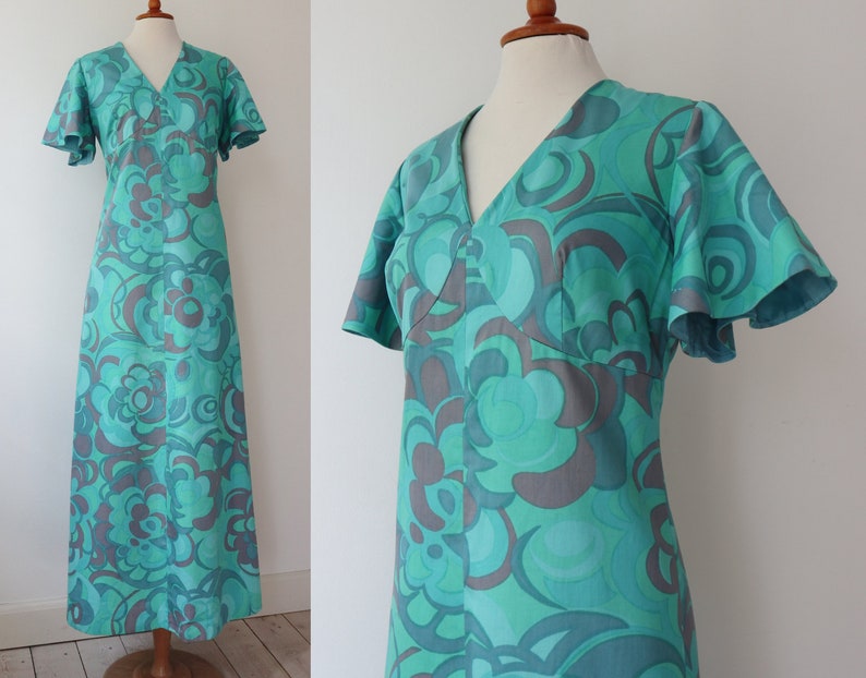 Green 70s Maxi Dress Blue Pink Abstract Pattern Cotton Size M