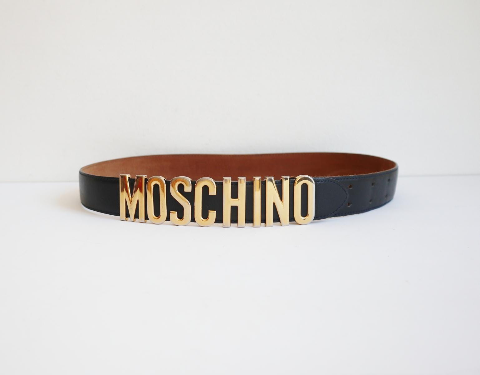 Moschino Redwall Leather Belt // Black With Golden Letters