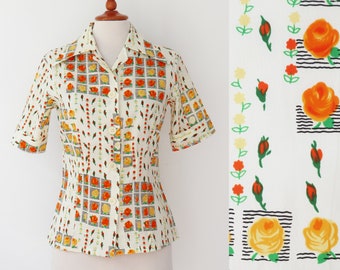 70s Vintage Bluse // Orange Gelbes Blumenmuster // C&A // Größe 38