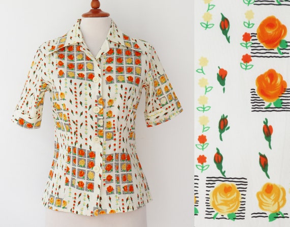 Ivory 70s Vintage Blouse // Orange Yellow Flower Print // C&A // Size 38