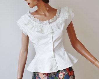 Witte jaren 30 getailleerde katoenen top met katoenen kant // 100% katoen // Antieke top