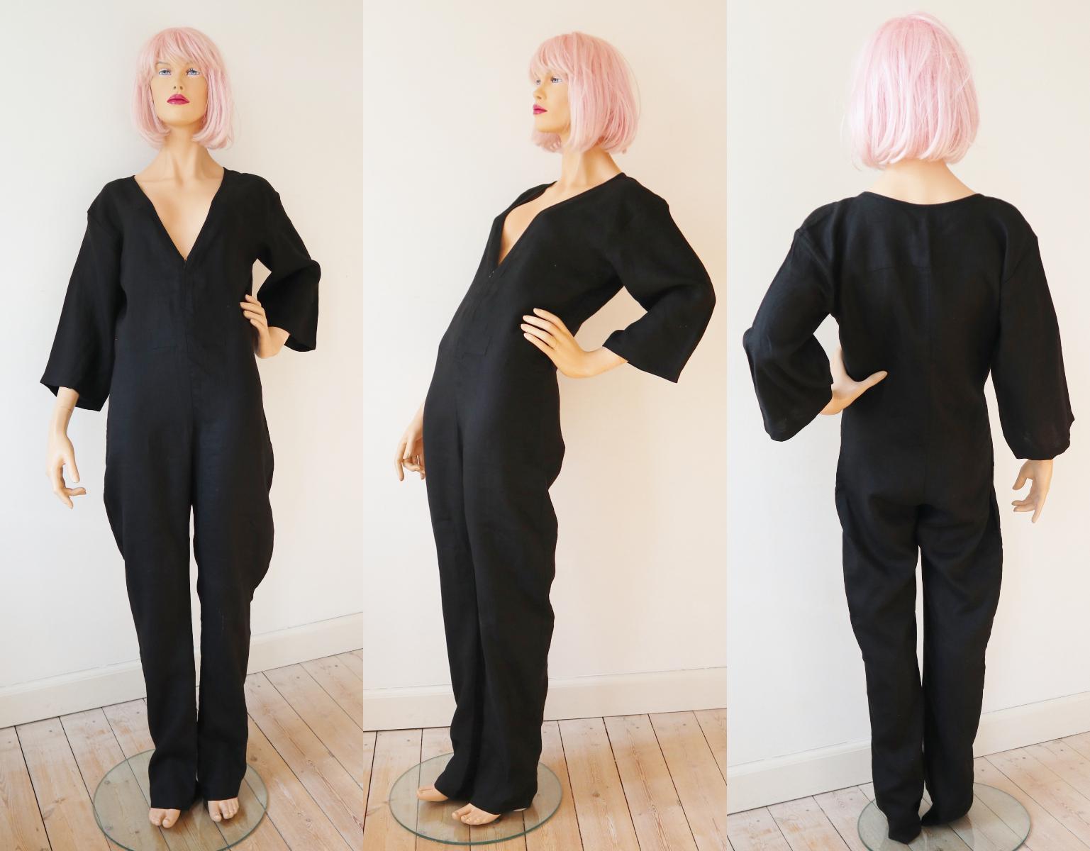 Black 90s DEADSTOCK Linen Jumpsuit With Deep-v Neckline & Front