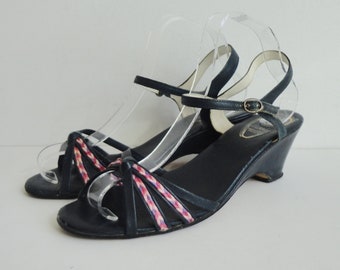 Dark Blue 80s Vintage Wedges With Pink/Purple Straps // Confort // Size 41 // Made In Italy