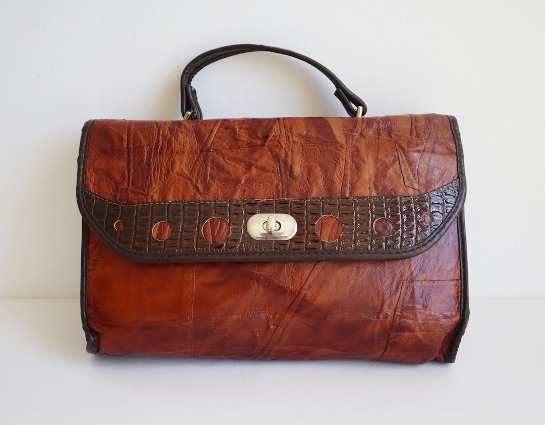 Brown 60s Vintage Vegan Top Handle Bag // Faux Kroko Insert // Etsy