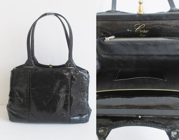 Black 60s Vintage Top Handle Bag // Golden Closur