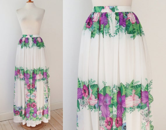 Gorgeous White 70s Vtg. Maxi Skirt With Bright Co… - image 1