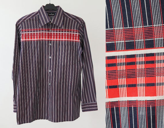 Blue White Red Striped Men Shirt With Big Collar /