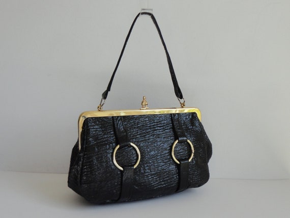 Black 60s Vintage Vegan Top Handle Bag With Golden