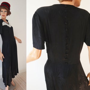 Black 40s Vintage Maxi Dress With White Lace Bows // Buttoned Back // Vibrant Leaf Pattern image 1