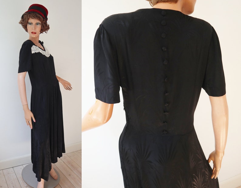 Black 40s Vintage Maxi Dress With White Lace Bows // Buttoned Back // Vibrant Leaf Pattern image 1