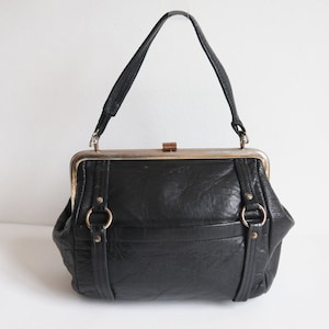 Black 60s Vtg. Top Handle Bag With Golden Closure // Nordisk Design // Leather Bag // Made In Denmark
