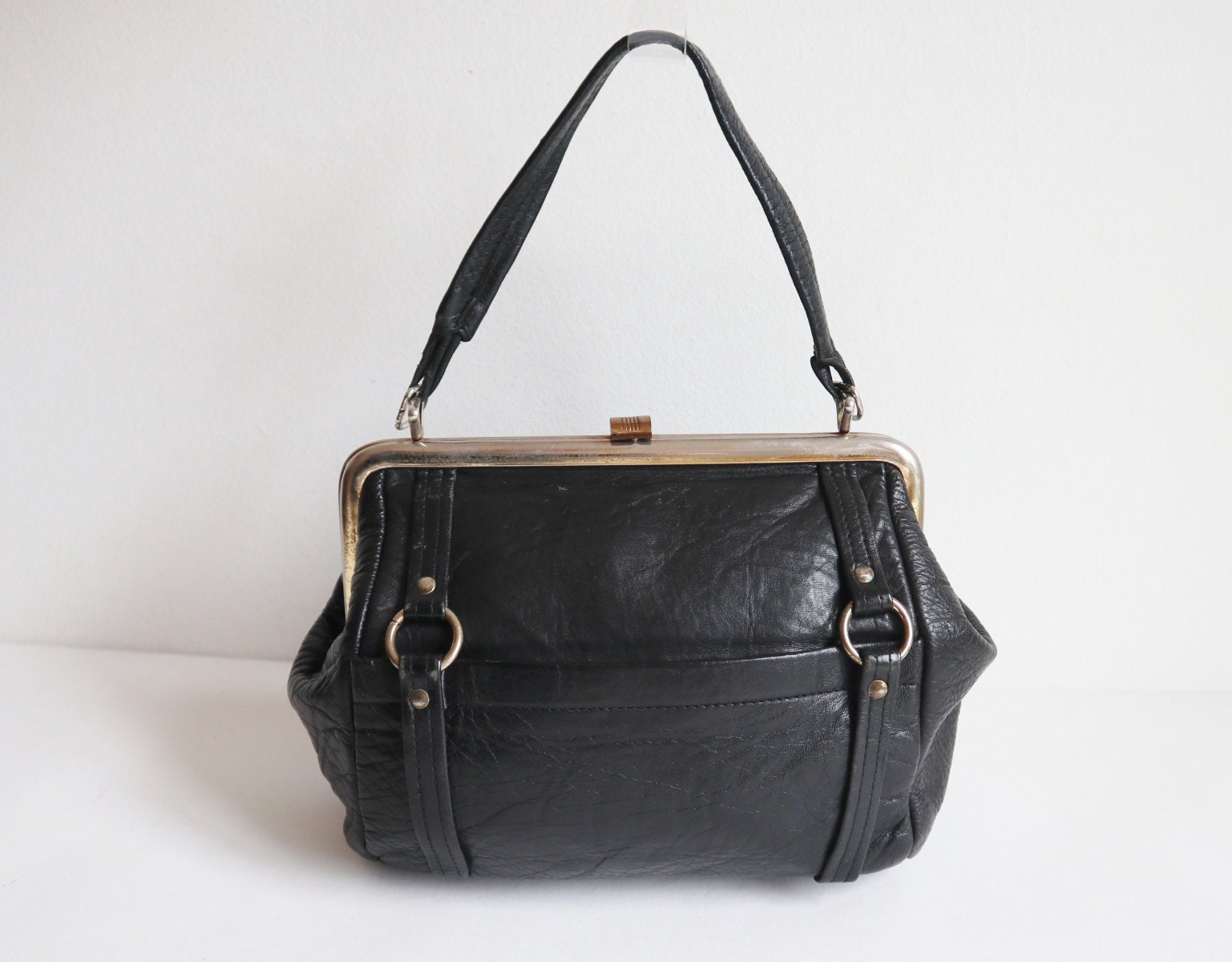north wave革製バッグ Black 60s Vtg. Top Handle Bag With Golden Closure // Nordisk
