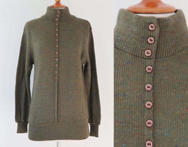 Olive Green 80s Knitted Vintage Wool Blouse With Buttons On Top Paco Galwari Turtleneck Size 4042