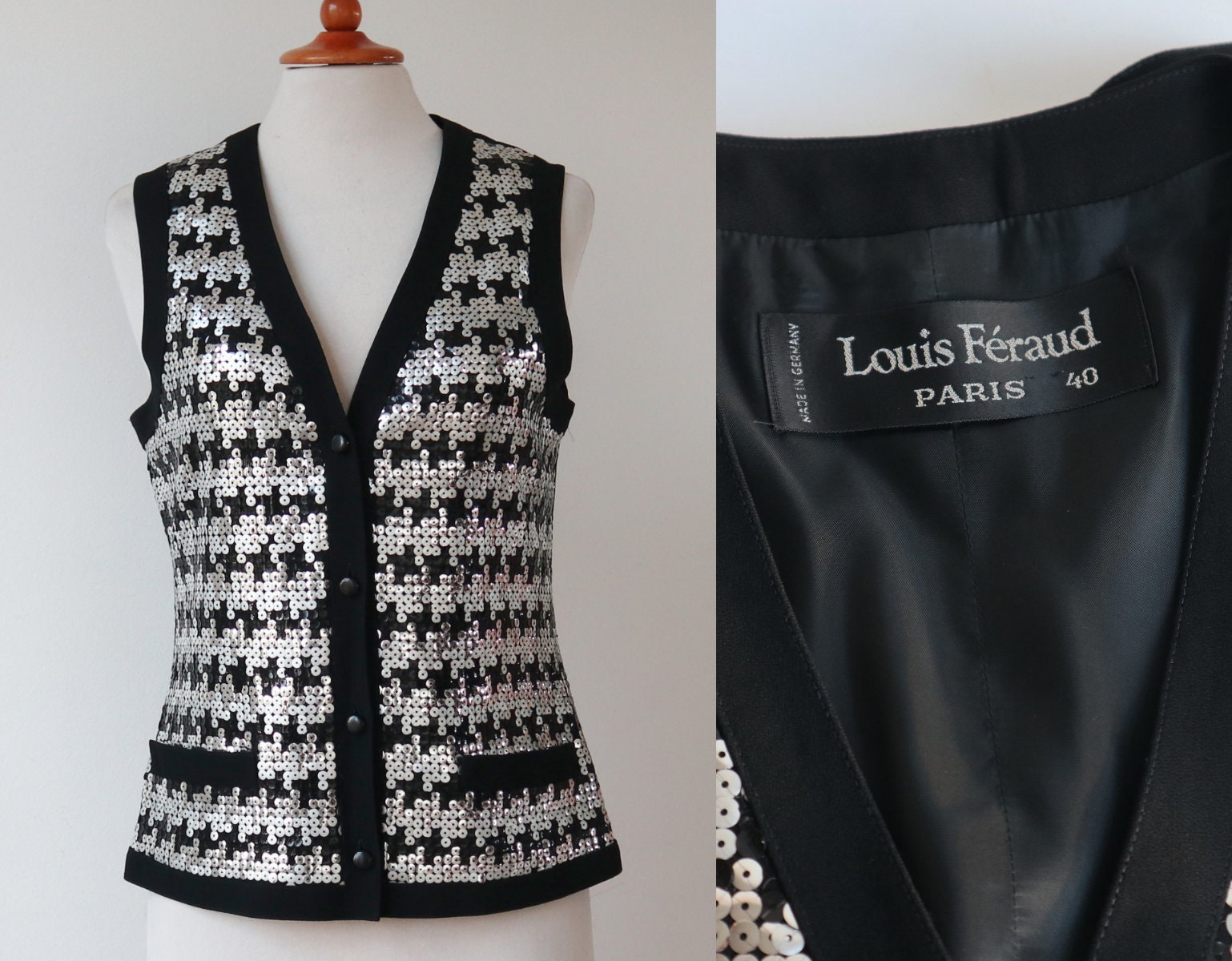 Louis Féraud Paris Vtg. Top/vest // Black With Silver & Black