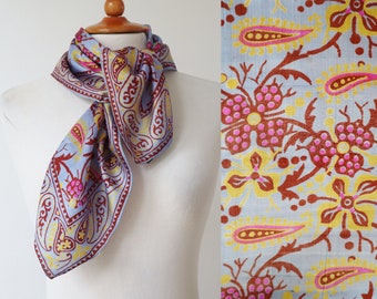 Light Blue Silk Scarf With Pink Yellow Brown Print // Paisley/Floral Pattern // Made In India