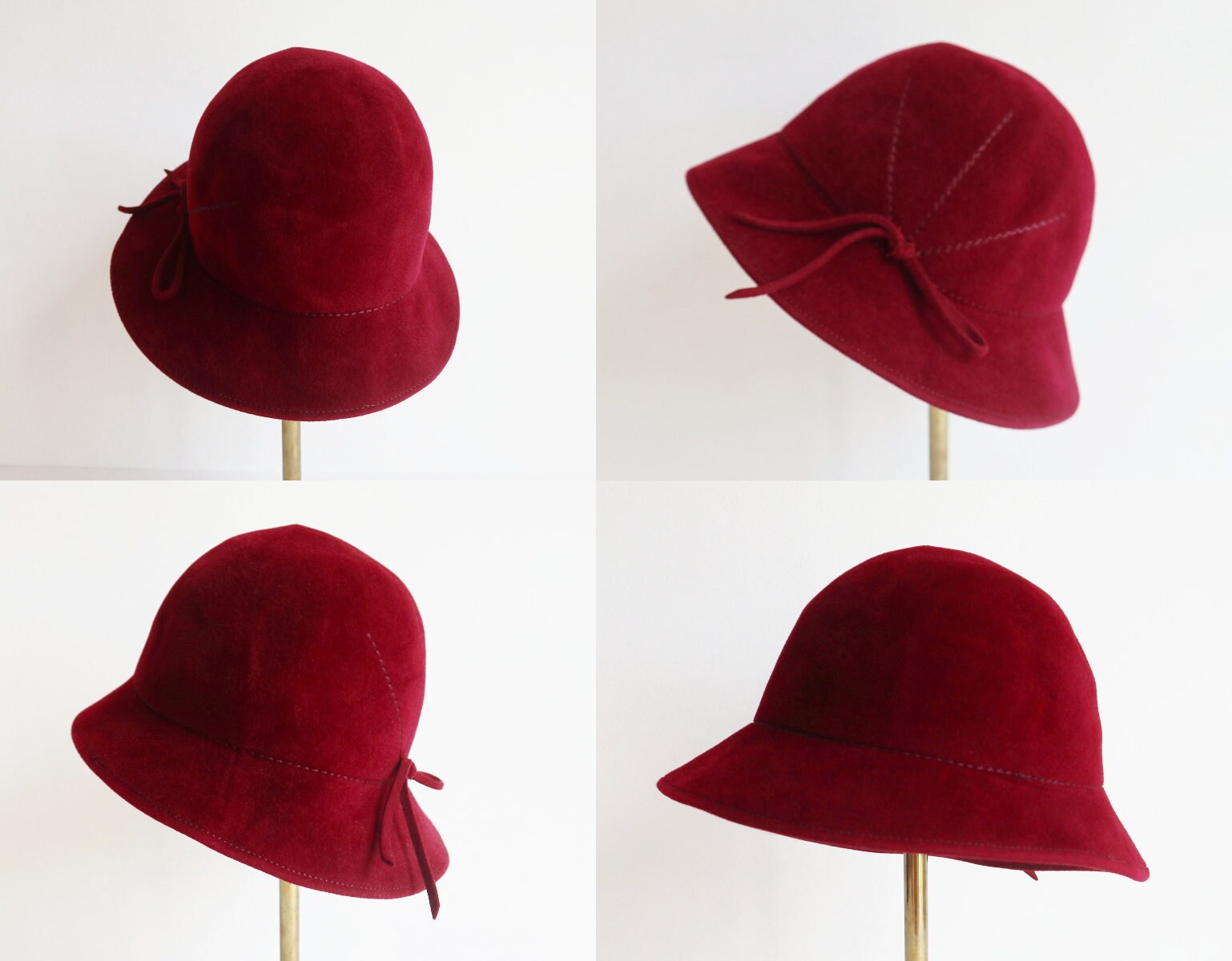 Burgundy Vintage Lady Felt Hat With Bow and Stitching 