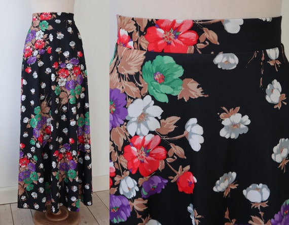 Black 70s Vtg. Maxi Skirt With Bright Colored Flo… - image 1