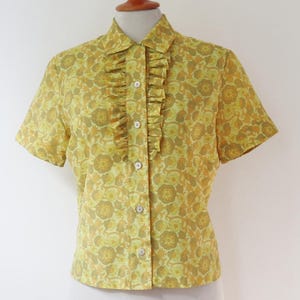 Yellow 60s Vintage Lady Frill Blouse With Green Orange Print