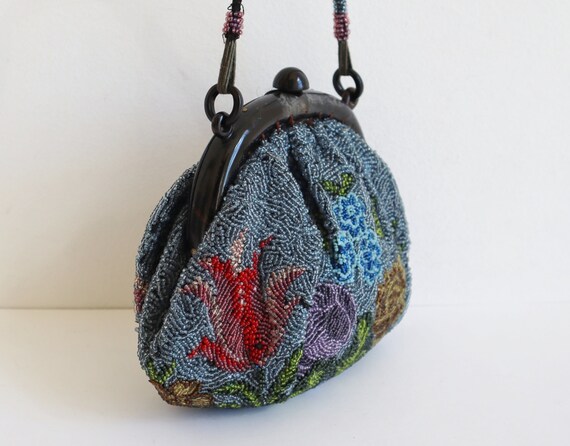 Blue 20s Beaded Vintage Purse With Lovely Flower … - image 5