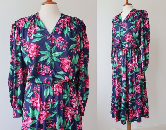 Blue 80s Vintage Dress With Pink Green Floral Pri… - image 3