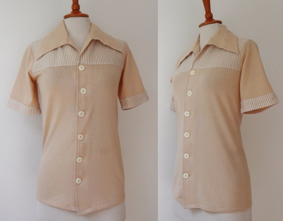 Fitted Beige 70s Vtg. Lady Top With White Stripes… - image 1