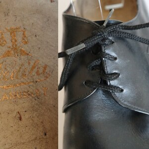May include: Black leather dress shoe with black laces. The shoe features a classic design with a rounded toe and a low heel. The insole is stamped with gold lettering and a scale logo, reading "Weidha Randsyet."